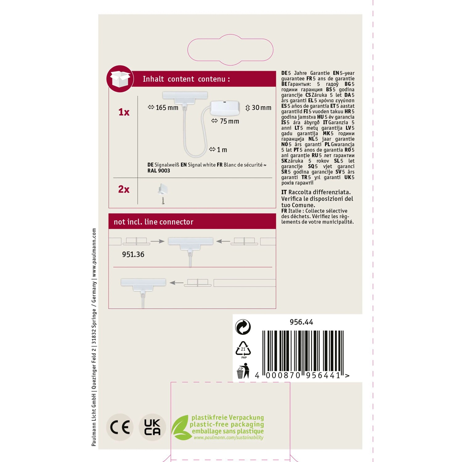 Paulmann URail Einspeisungskabel, 1m, Signalweiß, für LED-Schienensysteme.