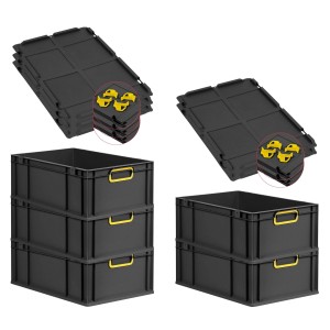 PROREGAL Sparset: 5 schwarze Euroboxen mit gelben Griffen und Auflagedeckel. Aufbewahrungsboxen stapelbar.