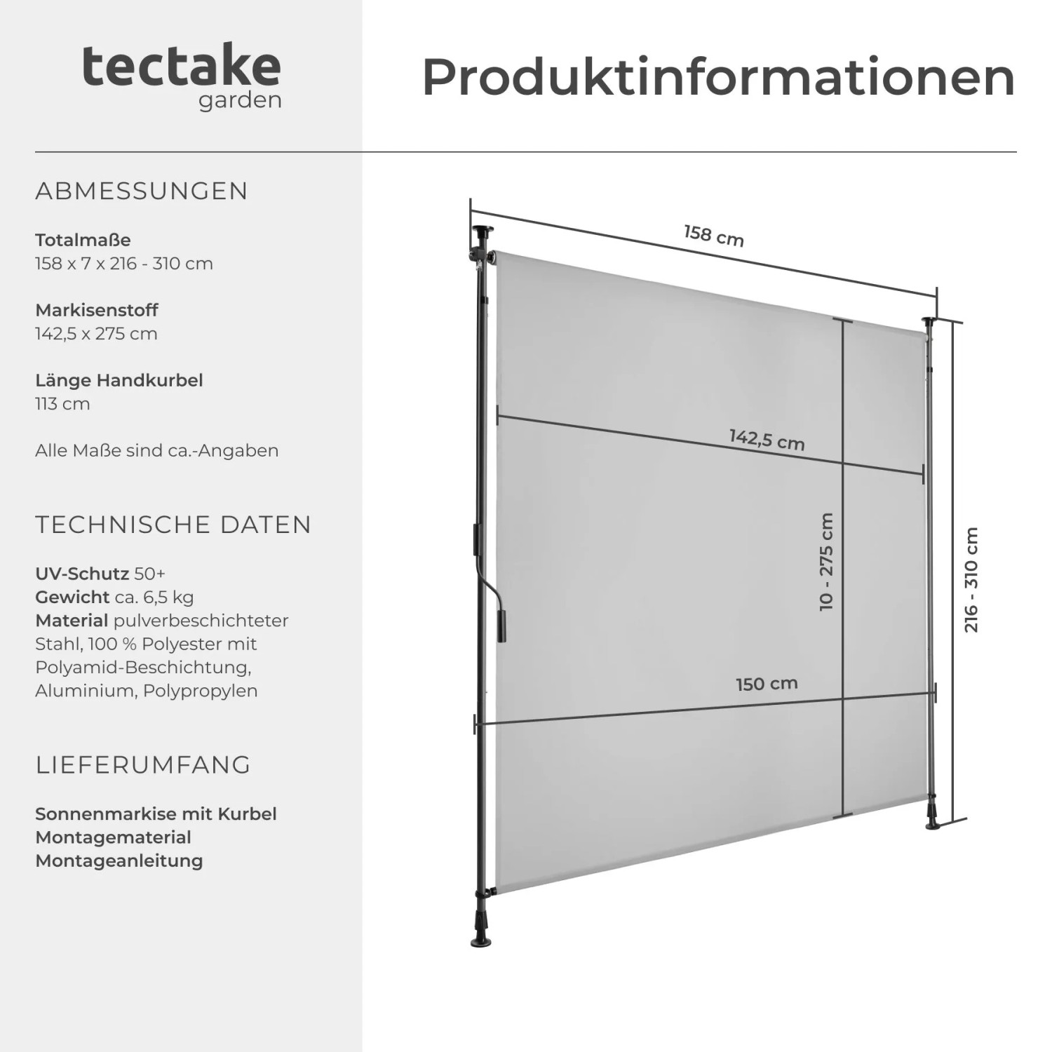 Tectake Klemmmarkise Taija Verschiedene Größen Uv Beständig und Wasserabweisend 150 x 310 cm 7 x 158 x 310 cm Hellgrau_6