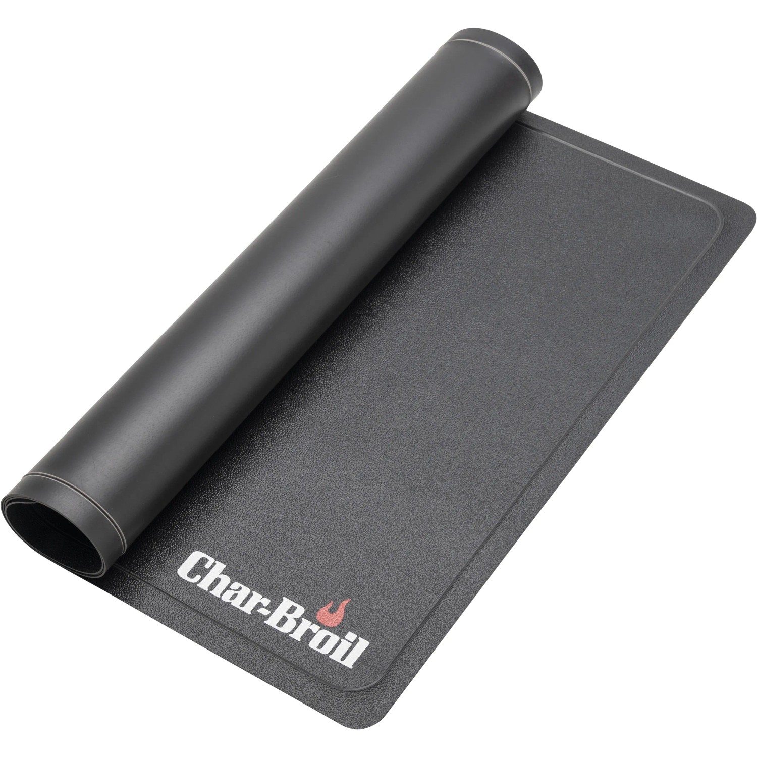 Char-Broil Grillmatte aus PVC, teilweise aufgerollt, mit Logo. Grillutensil zum Schutz vor Spritzern.