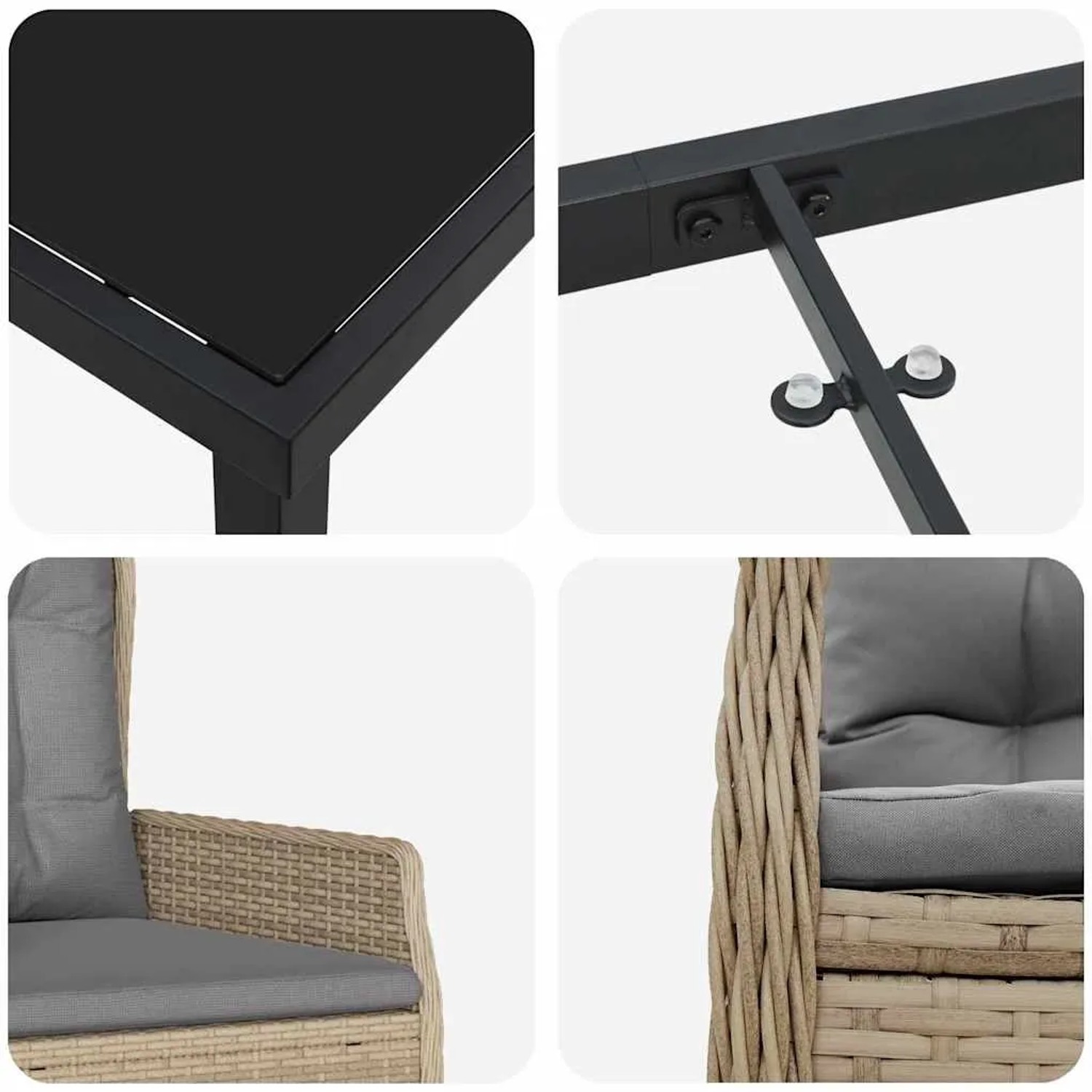 Detailansicht: Beige vidaXL Garten Essgruppe, Poly Rattan, Tisch mit Glasplatte, Stuhl mit Polster.