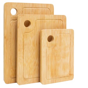 DuneDesign 3er Set Schneidebretter aus Bambus mit Saftrille und Griffloch.