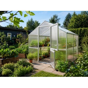 KGT Gewächshaus Alu blank 5,06 m² im Garten. Begehbares, rechteckiges Gewächshaus mit geöffneter Tür, gefüllt mit Pflanzen.