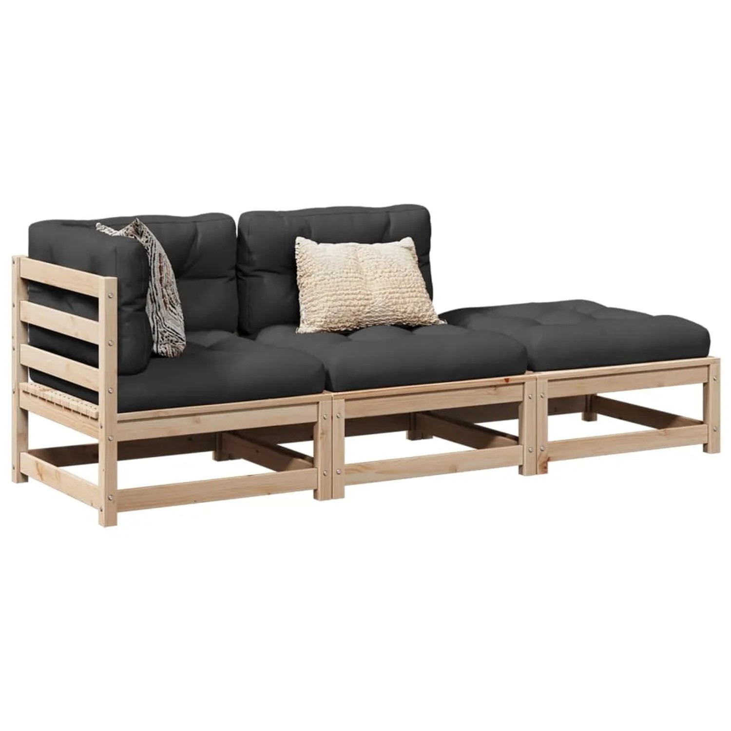 vidaXL 3-Tlg. Garten-Sofagarnitur aus Kiefernholz mit anthrazitfarbenen Kissen und Hocker.