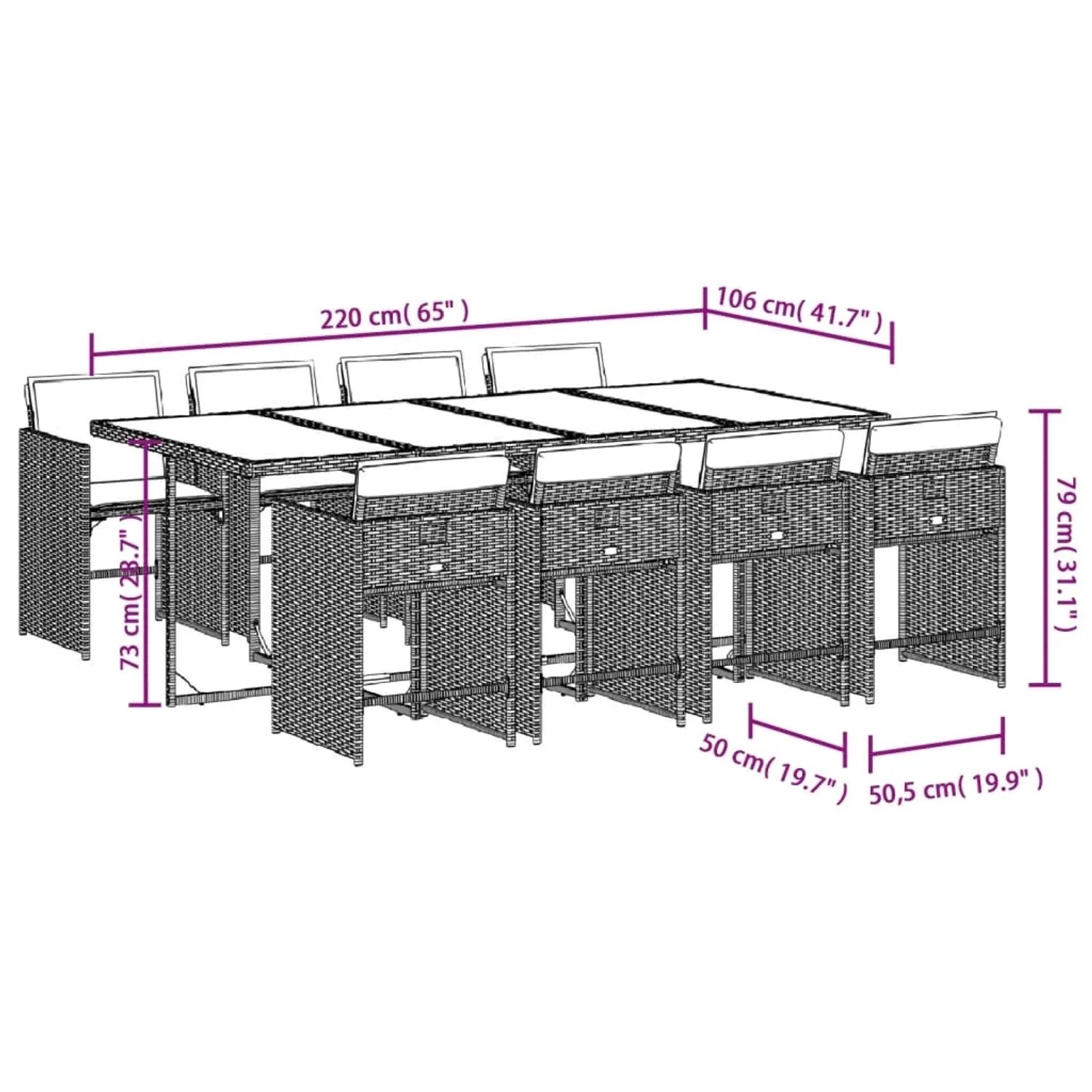 Braune vidaXL 9-tlg. Garten Essgruppe aus Polyrattan mit Tisch, Stühlen und Kissen. Abmessungen sind eingezeichnet.