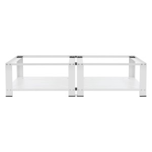 Weißes Doppel Waschmaschinen Untergestell aus pulverbeschichtetem Stahl mit 2 Ablagen, 128x54 cm, für stabilen Stand.