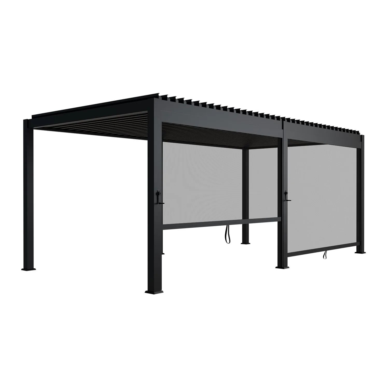 Anthrazitfarbene Juskys Pergola Lamellendach Tahiti 3x5,9m mit heruntergelassenen Seitenteilen.