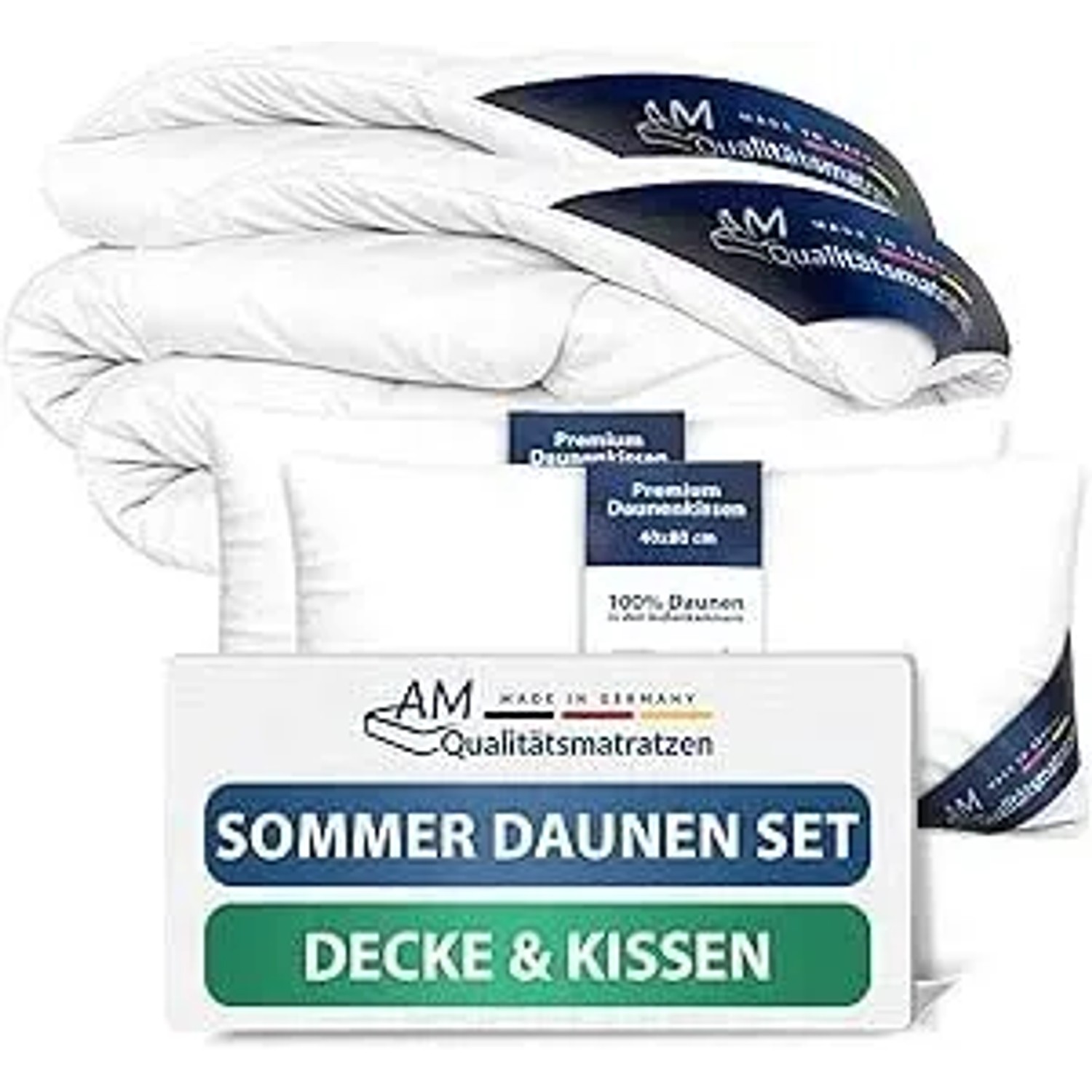 AM Qualitätsmatratzen Premium Sommer Daunen Bettdecken- & Kissen 2er Set Made in Germany & DOWNPASS zertfiziert 155x220cm