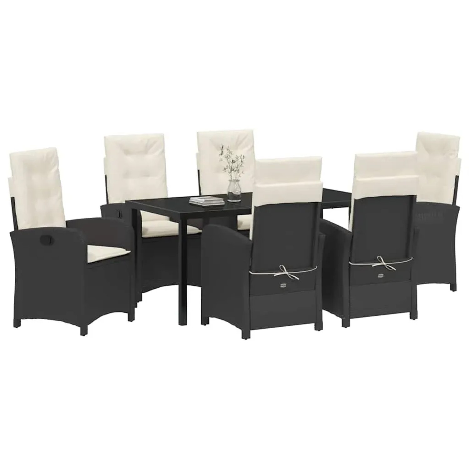 vidaXL Garten Essgruppe, 7-teilig, schwarz, Poly Rattan: Gartentisch mit 6 Stühlen und cremefarbenen Auflagen.