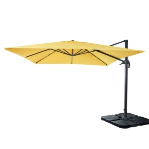 Gelber MCW Ampelschirm 3x3m mit Aluminium/Stahlgestell und drehbarem Ständer. Quadratischer Sonnenschirm mit Fußkreuz.