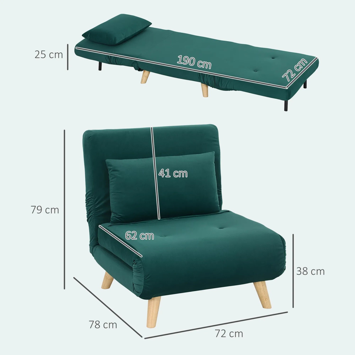 HOMCOM 3-in-1 Schlafsessel/Schlafsofa, grün, mit Maßen als Sofa und Bett dargestellt.