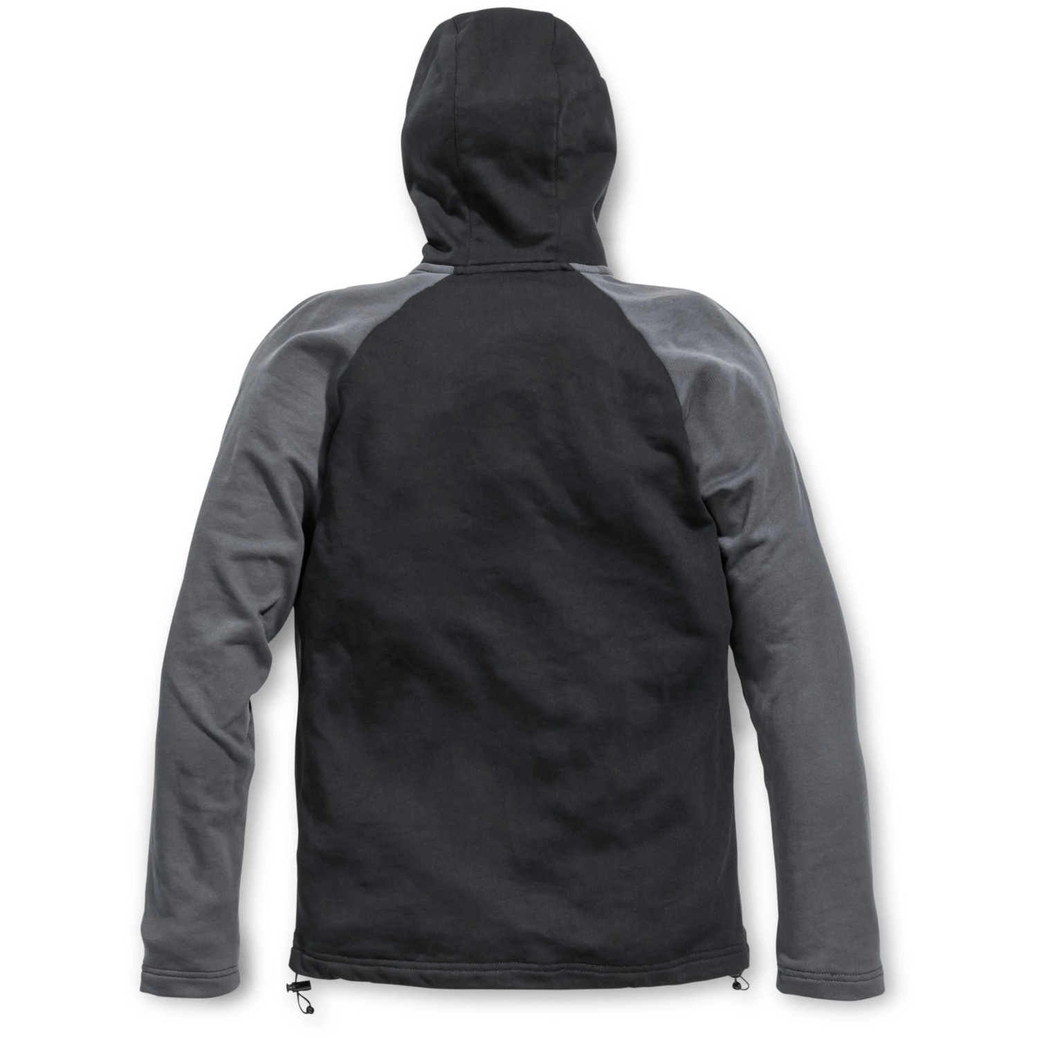 Puma Workwear Hoodie Champ, Stahlgrau-Carbon, Rückansicht. Kapuze und Kordelzug sichtbar.
