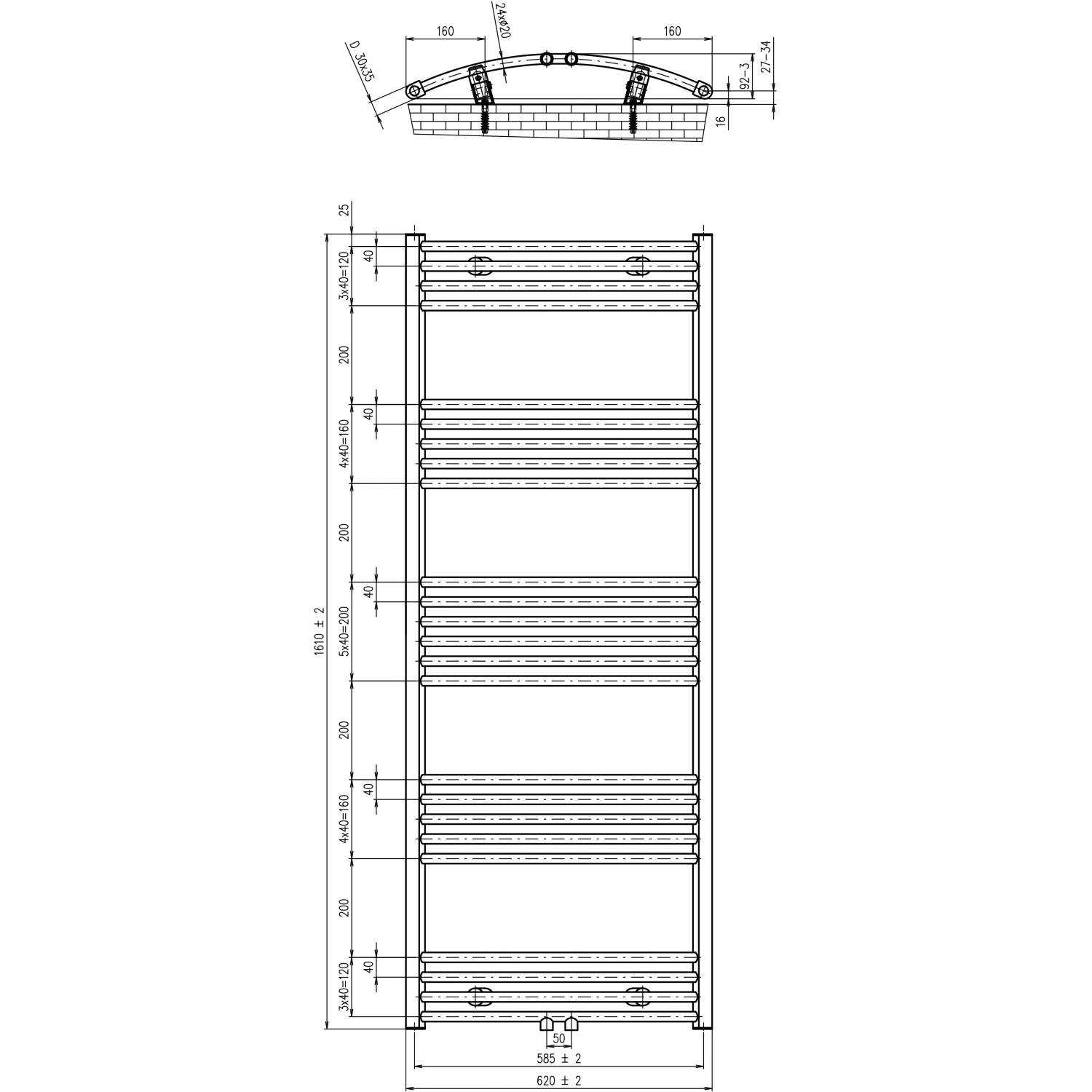 Technische Zeichnung: Schulte Design-Heizkörper gebogen, Alpinweiß, Maße und Anschlüsse.