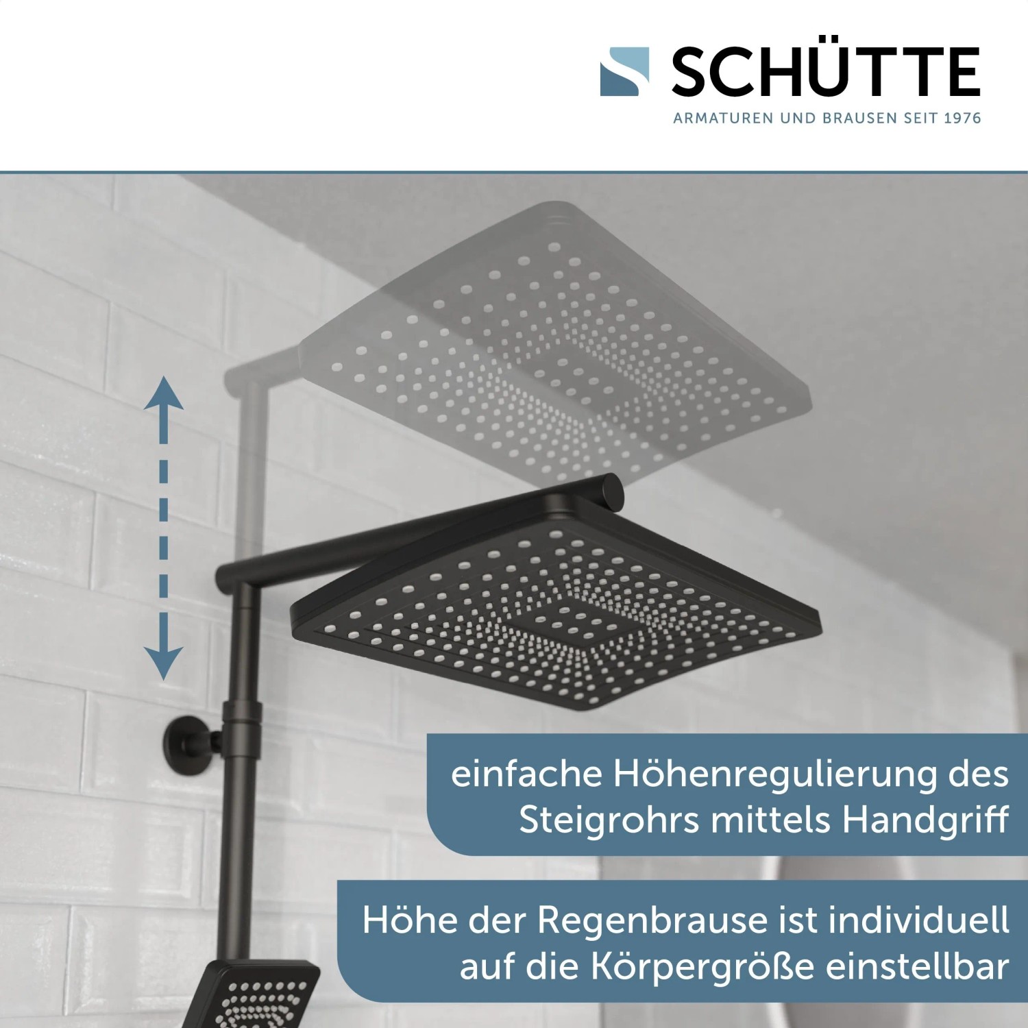 Schütte Überkopf-Brauseset Trento, Thermostatarmatur, Schwarz Matt, höhenverstellbare Regendusche.