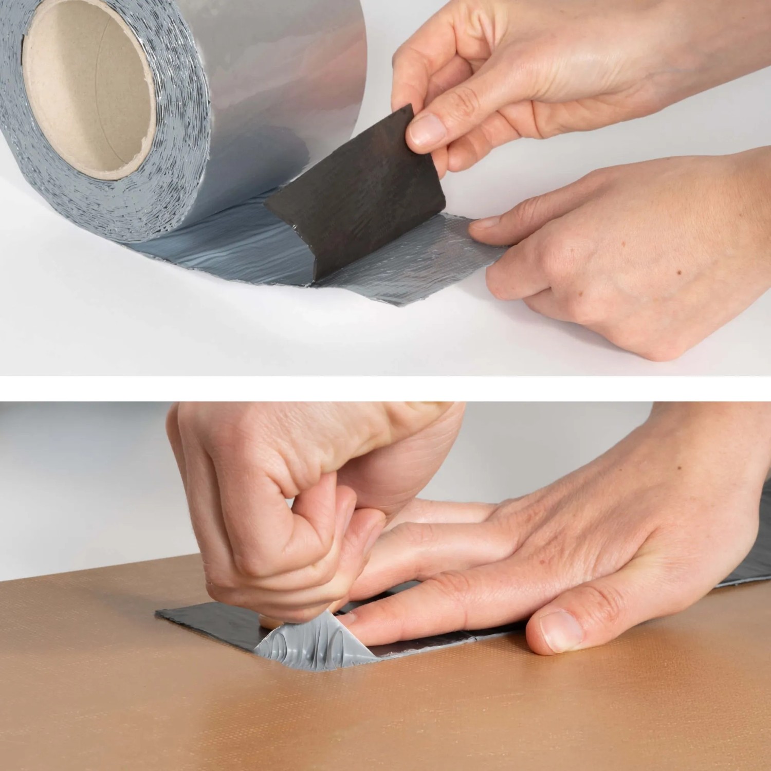 Anwendung von Daprona Butylband, 10m x 75mm, Alu schwarz, als Dichtband und Reperaturband.