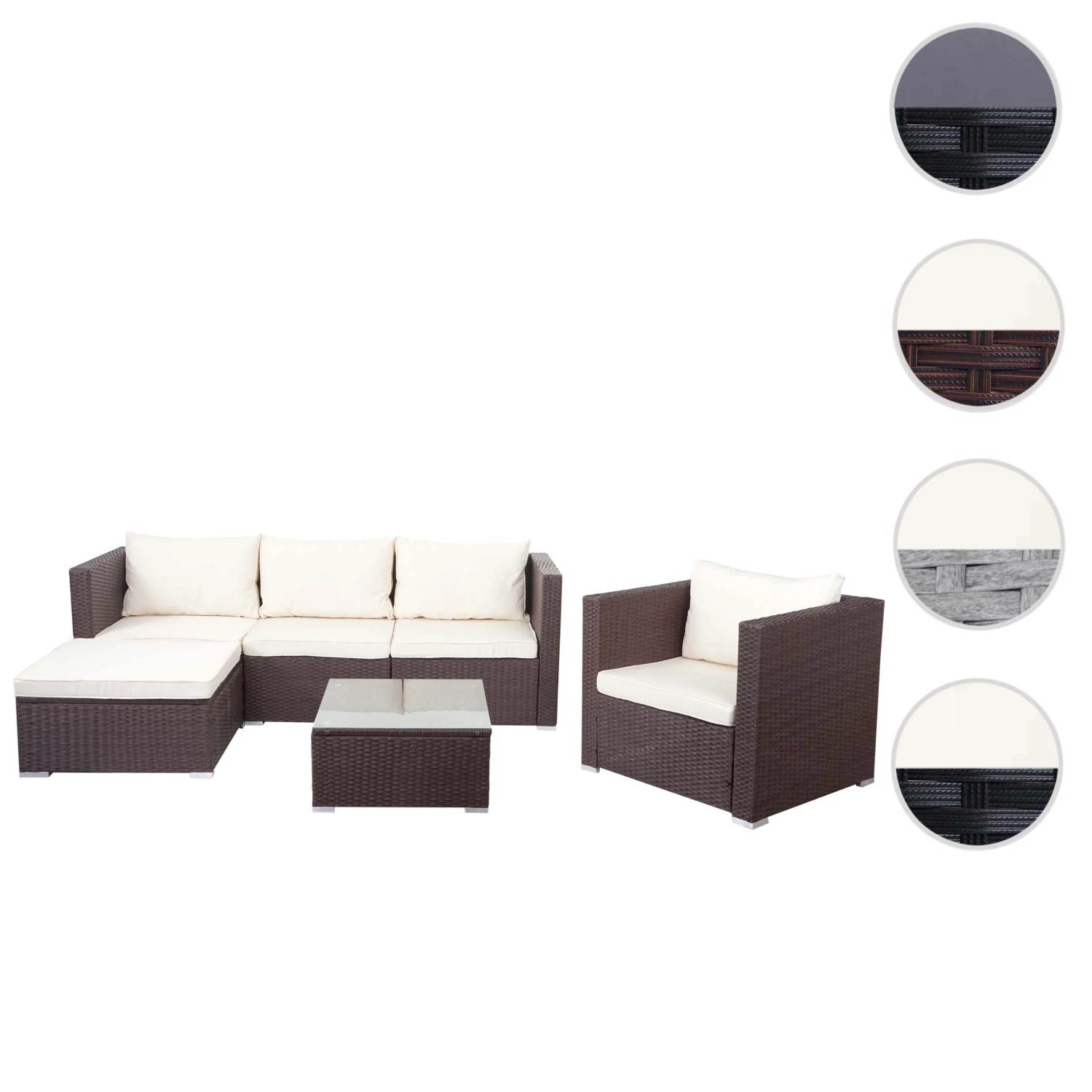 Braune Poly-Rattan Lounge-Garnitur Busto mit cremefarbenen Kissen und Glas-Tisch für Garten oder Terrasse.