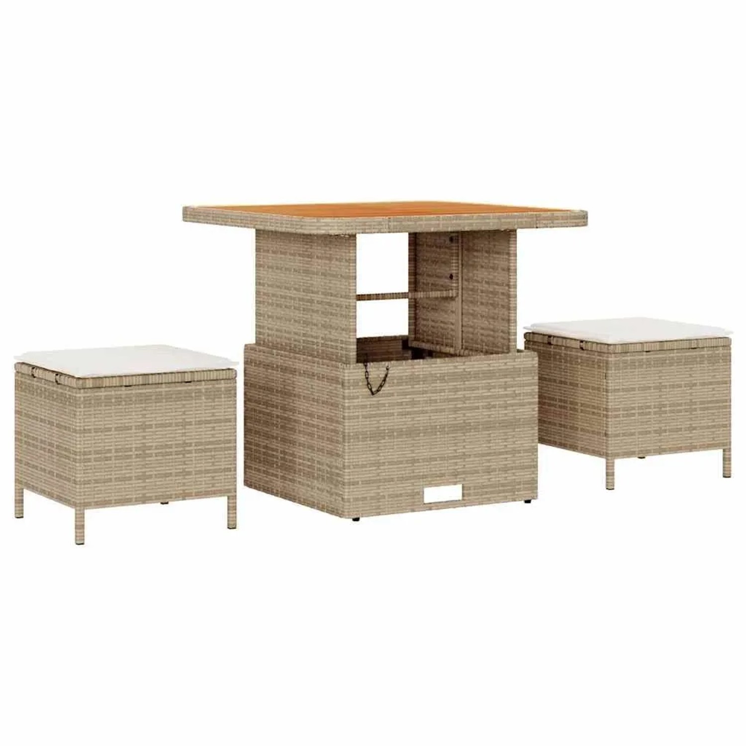 Beige vidaXL Gartenmöbel-Set: Tisch mit Holzplatte und zwei Hocker mit creme Kissen aus Polyrattan.