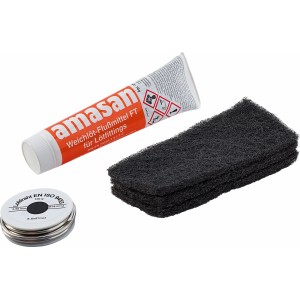 Weichlöt-Set mit Flussmittel, Lötdraht und Reinigungsvlies für Kupferrohre.