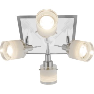 Quadratische LED-Deckenleuchte Asola mit 4 Spots in Nickel matt und Glas.