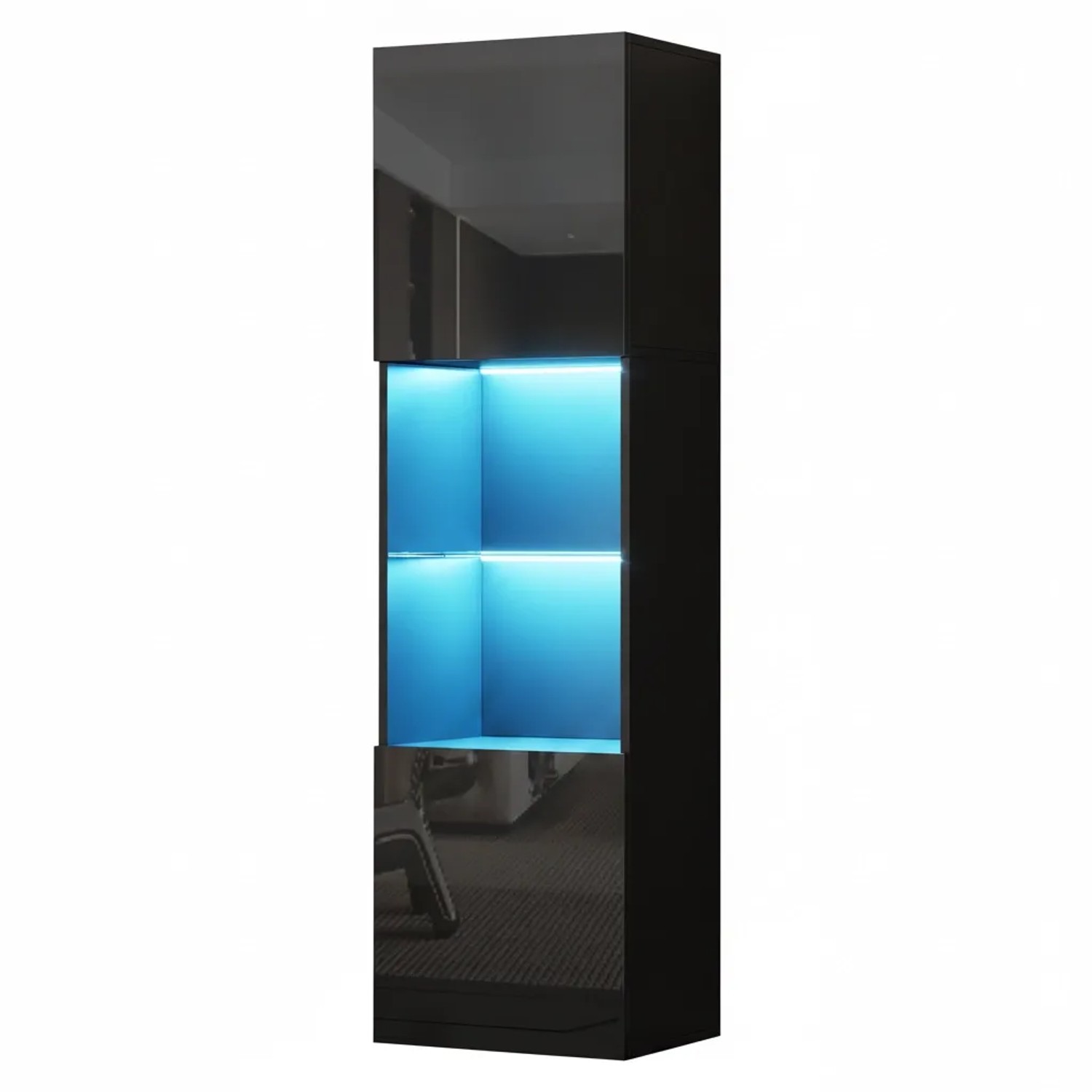 PXloue Vitrine Schwarz 45 x 35 x 160 cm Hochglanz Glasboden Hochschrank mit LED RGB  Kippsicherung
