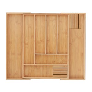 Relaxdays Besteckkasten Bambus MDF Natur Ausziehbar Breitenverstellbar mit 2 Messerblöcken 5 cm x 32 cm bis 52 cm x 43 cm 1,8 kg