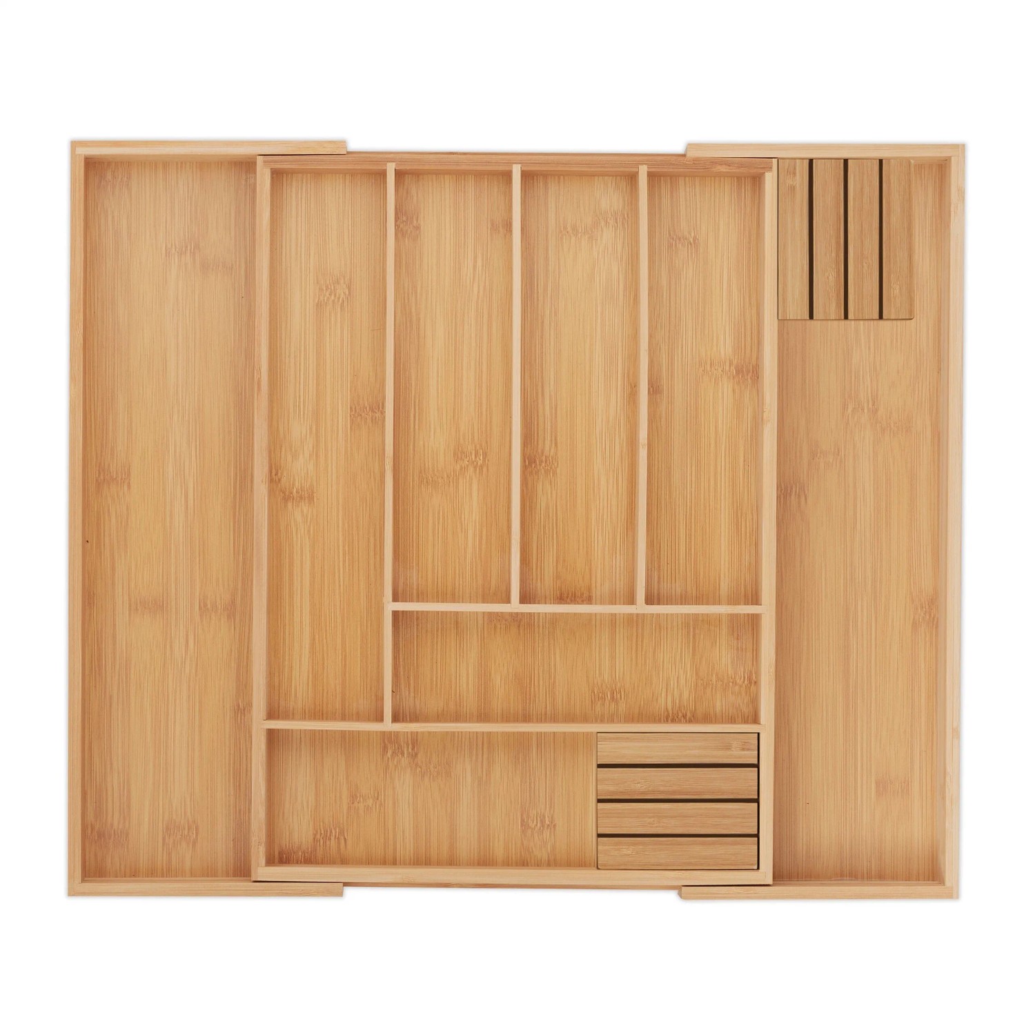 Relaxdays Besteckkasten Bambus MDF Natur Ausziehbar Breitenverstellbar mit 2 Messerblöcken 5 cm x 32 cm bis 52 cm x 43 cm 1,8 kg