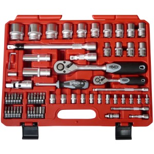 Famex Steckschlüsselsatz 580-SD-20, 66-teilig im roten Koffer, diverse Schlüssel, Knarren und Bits.