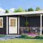 Modernes Weka Gartenhaus San Remo B in Anthrazit-Weiß mit Terrasse und Gartenmöbeln.