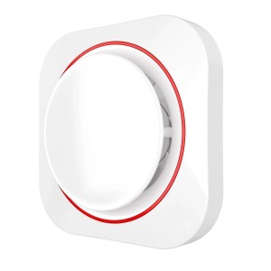 Weißer VLANO Badlüfter MOON 100 T mit rotem Zierring und Nachlauffunktion.