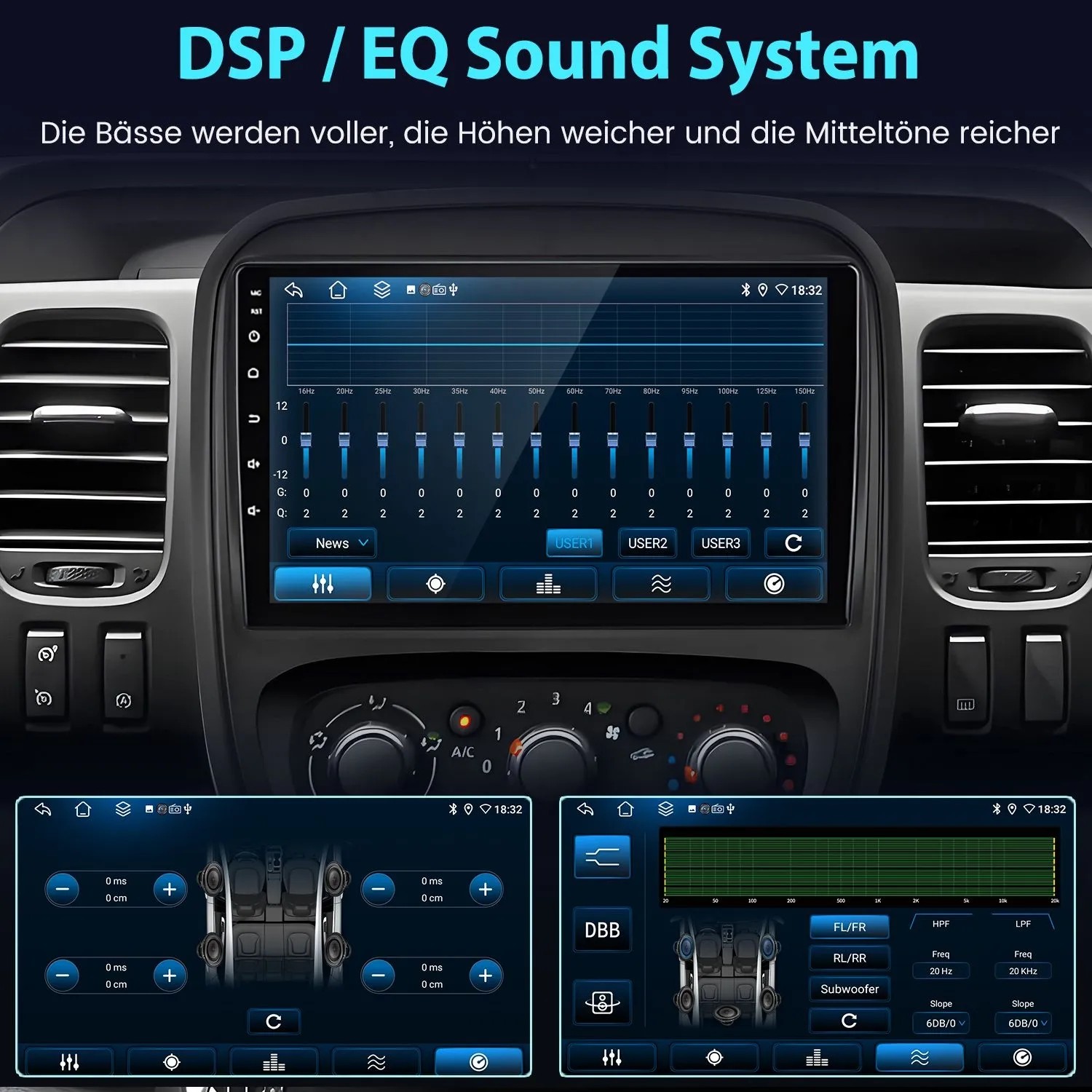 Junsun Autoradio: DSP/EQ Sound System mit grafischem Equalizer und detaillierten Klangeinstellungen auf dem Display.