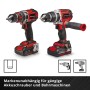 Einhell Akku-Bohrschrauber, zwei Modelle in Rot und Schwarz, mit Akku und Bohrfutter.
