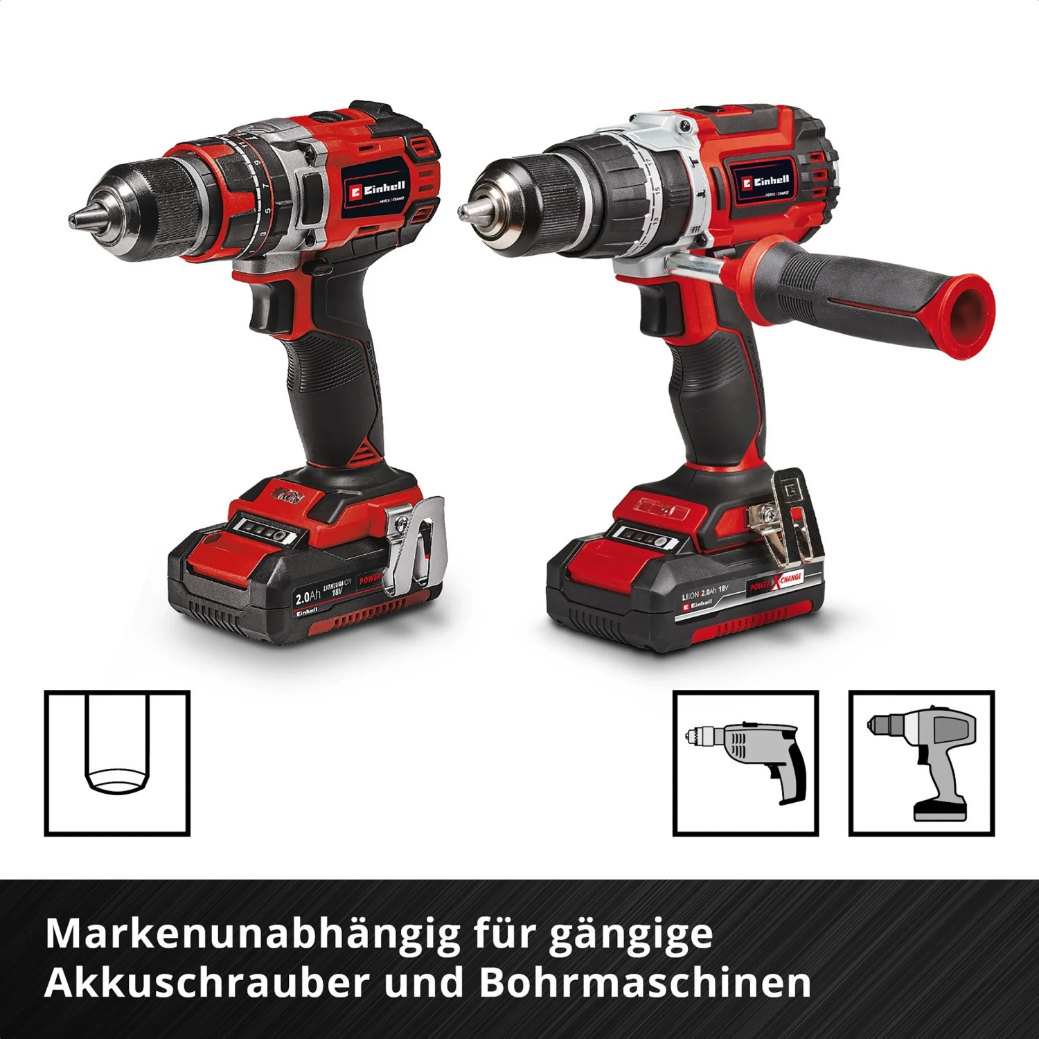 Einhell Akku-Bohrschrauber, zwei Modelle in Rot und Schwarz, mit Akku und Bohrfutter.