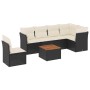 Schwarze 7-tlg. vidaXL Garten-Sofagarnitur aus Rattan mit cremefarbenen Kissen und Tisch.