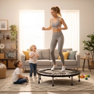 Frau springt auf schwarzem Relaxdays Indoor Trampolin im Wohnzimmer, Kinder schauen zu. Fitness Workout für die Familie.
