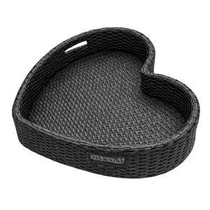 Schwarzes herzförmiges Schwimmtablett in Rattan-Optik mit Griffen. Ideal für Pool und Jacuzzi.