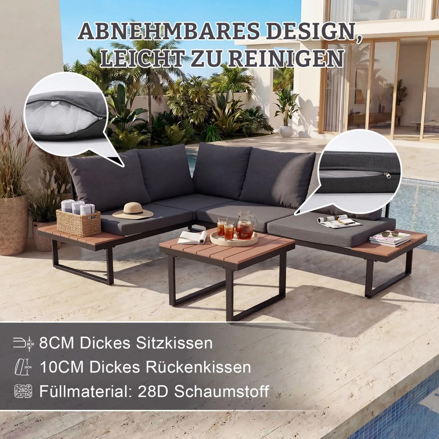 HOMAVO Gartenlounge-Set für 4 Personen mit Couchtisch und wasserfesten Abdeckungen.