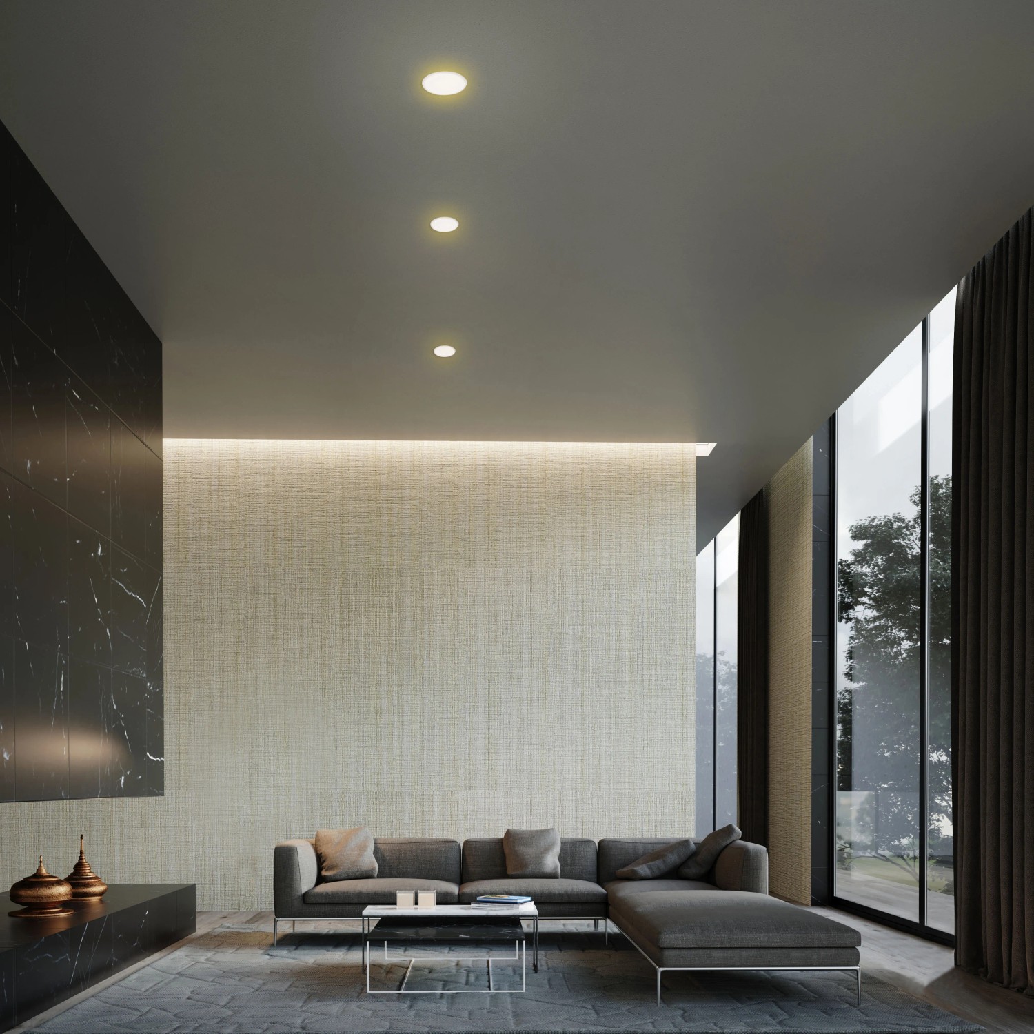 3er Set Briloner LED Einbauleuchten Plat, weiß, warmweiß, in modernem Wohnzimmer.