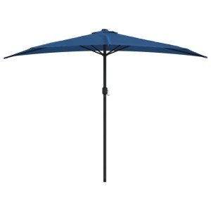 Blauer halbrunder Balkon-Sonnenschirm mit stabilem Alu-Mast und Kurbelsystem, geöffnet.