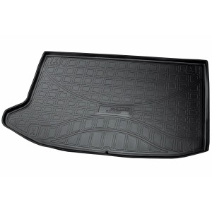 Schwarze Gummi Kofferraumwanne für Kia Soul III (ab 2019) mit Subwoofer Aussparung.