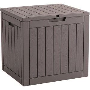 Braune Gartenbox in Holzoptik, wetterfest, 118 Liter Volumen für Kissen und Auflagen.