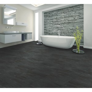 Klick-Vinylboden Fliese Cordoba in dunkler Steinoptik mit Marmorierung.