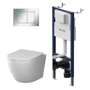 AM.PM WC Set: weißes Wand-WC, silberne Drückerplatte und blaues Vorwandelement mit Spülkasten. Ideal für Bad & Gäste-WC.