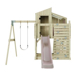 PolarPlay Kinderschaukel Lotta altrosa mit Rutsche und Kletterwand aus Holz.