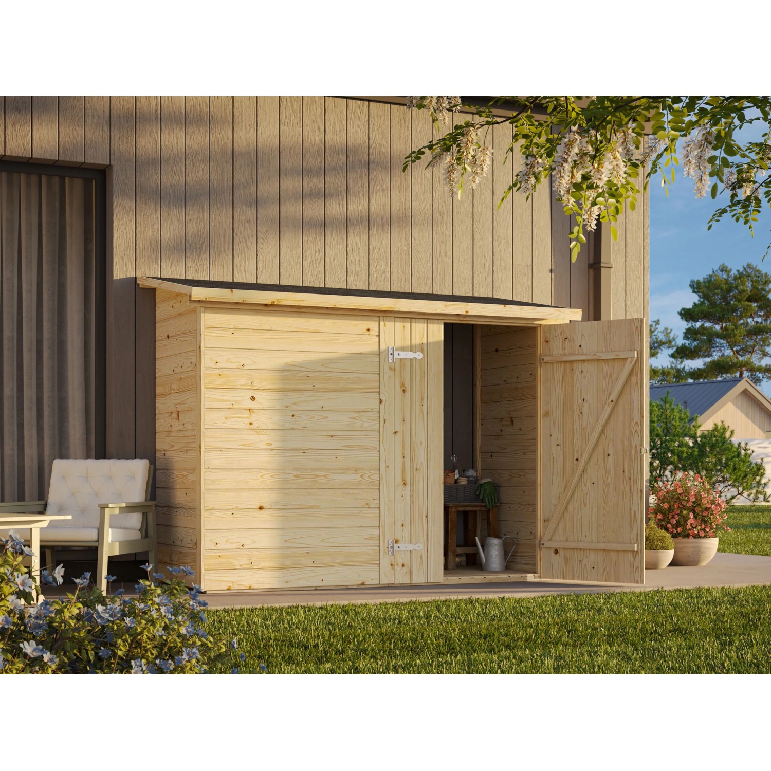 Palmako Gerätehaus Leif 234 x 95 cm Lackiert Hellgrau FSC®