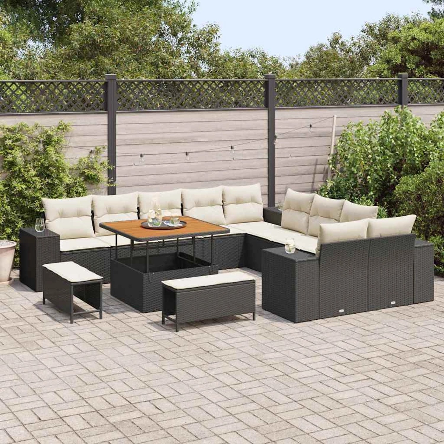 vidaXL Garten-Sofa-Set, 13-teilig, schwarz, Poly Rattan, mit höhenverstellbarem Tisch und Polster.