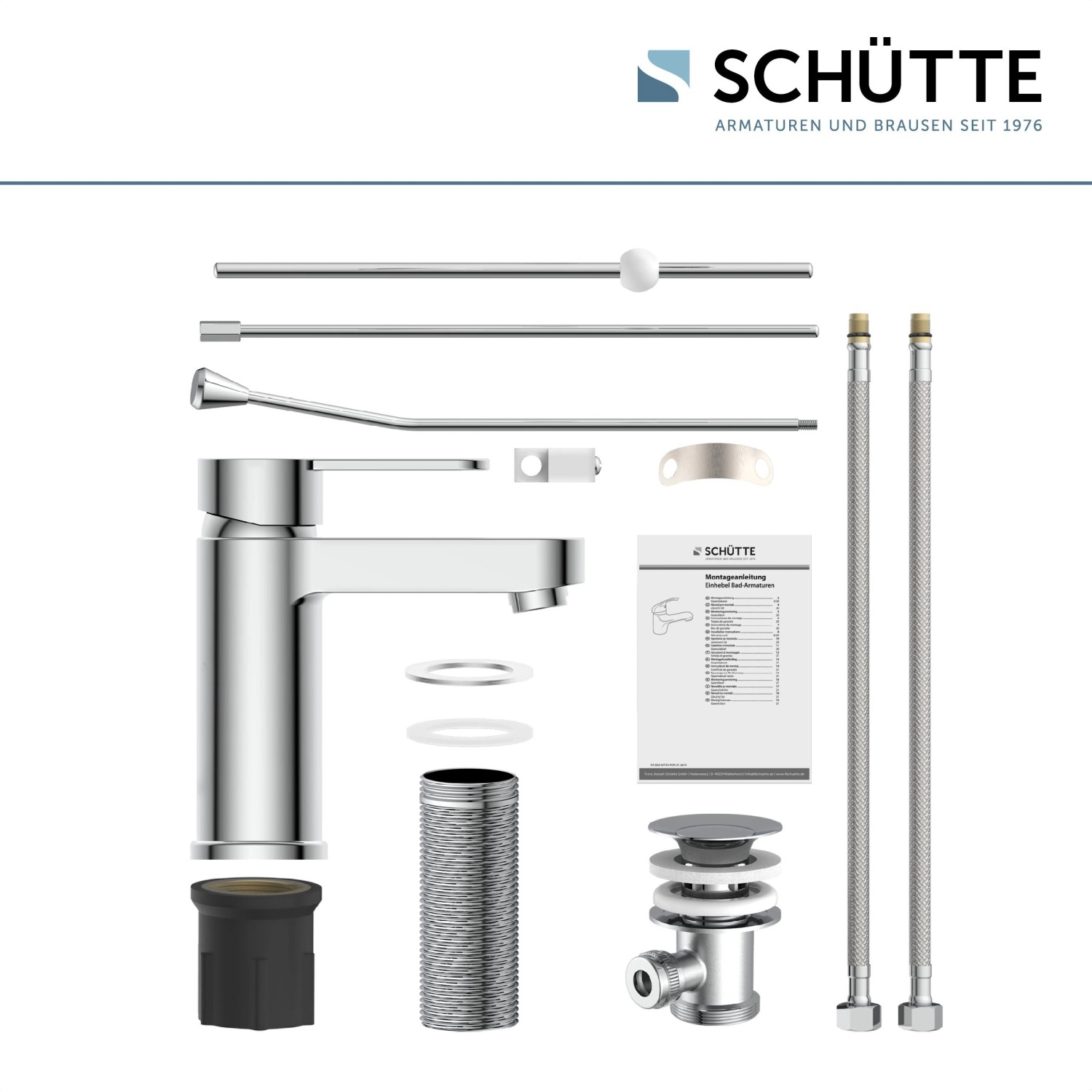 Schütte Waschtischarmatur Elephant Chrom, Aufsicht mit Zubehör wie Flexschläuche und Ablaufgarnitur.