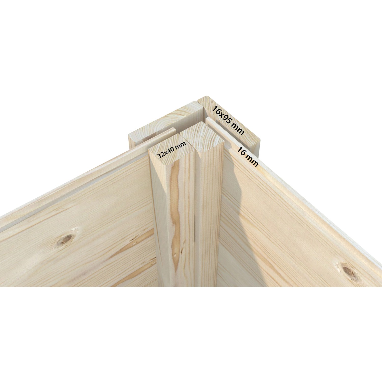 Detailaufnahme der Eckverbindung des Palmako Spielhaus Grete aus Fichtenholz mit Maßangaben.