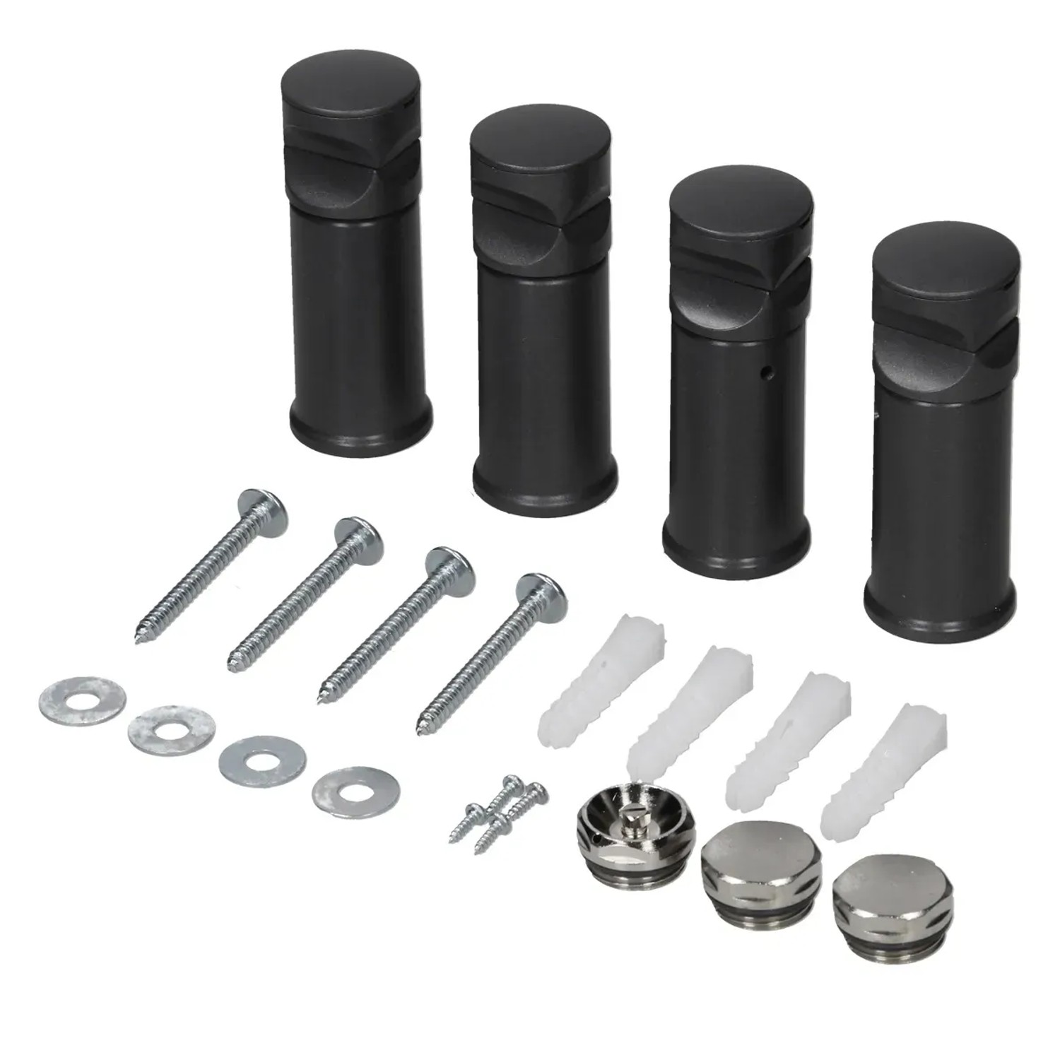 Montagematerial für LuxeBath Badheizkörper: Wandhalter, Schrauben, Dübel, Ventile.