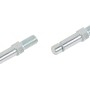Zwei verzinkte Gewindestifte 46 mm für Rollen, mit Bundstift und Klemmring.
