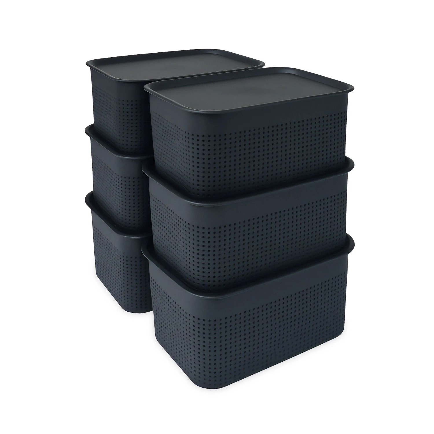 Relaxdays Aufbewahrungsboxen 6er Set Kunststoff Schwarz mit Deckel Stapelbar Belüftet 13 cm x 26,5 cm x 19 cm 1,5 kg